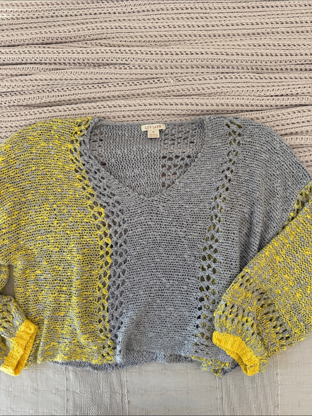 Women's Two-Tone Gray and Yellow Open-Knit V-Neck Sweater